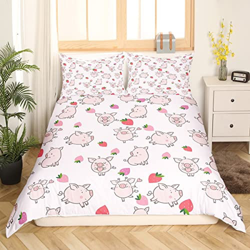 Feelyou Bettwäsche-Set mit Schweine-Motiv, Queen-Size-Größe, Cartoon-Schweinchen, niedliches Tierdruck, Erdbeer-Rosa, Tagesdecke, Bezug für Kinder, Jungen, Mädchen, Erwachsene, mit 2 Kissenbezügen