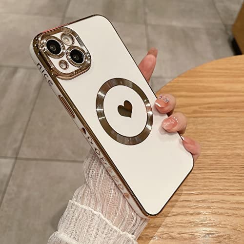 UEEBAI Wireless Charging Magnetic Phone Case For iPhone 14 Plus, Built-in Compatible with MagSafing Faster Charging Slim Fit Heart Pattern Soft TPU Microfiber Cover - Heart White