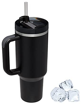 Uezeth Tumbler with Straw Lid and Handle, Stainless Steel Coffee Travel Insulated Cup Mug, 40oz/30oz Cup Travel Mug, Water Bottle Thermos for Hot and Cold Coffee (Black-3)