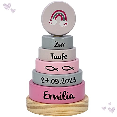 KIDSLINO Taufgeschenke Stapelturm Regenbogen rosa I Geschenk zur Taufe I Graviert I Stapelturm mit Namen & Taufdaten I Personalisierte Geschenke Baby