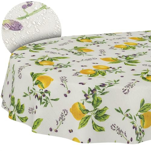 Tischdecke aus Stoff Textil abwaschbar Tischwäsche Tischtuch Baumwolle Polyester Lemon Oval 160x140cm In-/Outdoor Tischdecke