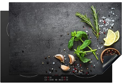 KitchenYeah© Herdabdeckplatte Einteilig Ceranfeld Abdeckplatte für Induktionsschutz Ceranfeldabdeckung Vinyl Herdabdeckplatten Limette - Kräuter - Gewürze - Grün - Beton - 81.6x52.7 cm