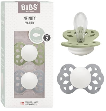 BIBS Infinity Glow Symmetrical Schnuller 2er-Pack, BPA-frei. Leuchtet im Dunkeln, Symmetrischer Nippel. Silikon, Größe 2 (6-18 Monate), Sage Glow/Cloud Glow