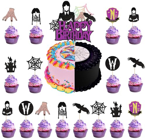 HAMINE Wednesday - 25 decorazioni per torte, mercoledì, con decorazione per torte Happy Birthday + 24 cupcake, decorazione per torte di wednesday