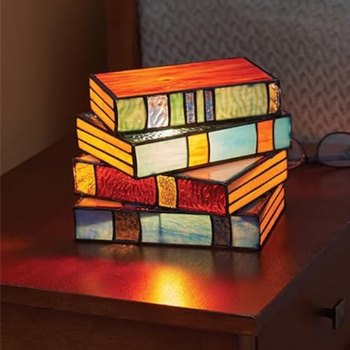Stained Glass Stacked Books Lamp, Handgefertigte Buntglas Gestapelt Buchlampen, LED Buchlampen, Vintage Leselicht, Dekorative Tischlampe, Kreative Nachttischlampe Nachtlicht für Haus Büro Dekoration