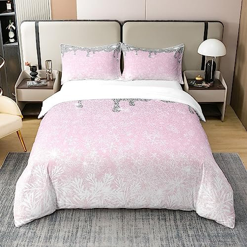 Homewish Housse de Couette 200x200 Flocon de Neige en Coton, Ensemble de Literie Romantique Rose Aquarelle, Parure de Lit À Diamants Dégradés Galaxie Ciel Étoilé Étincelles, 3 Pièces