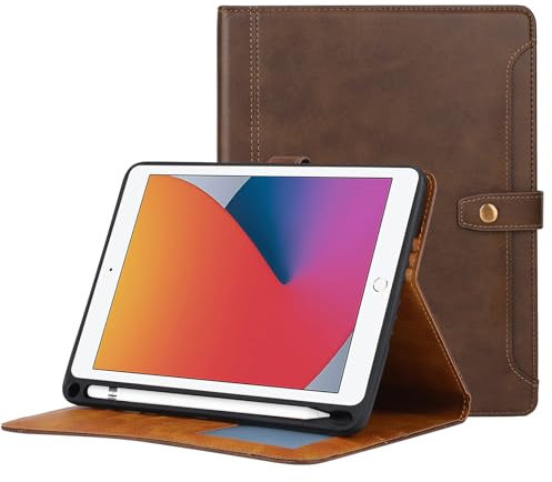 Miieadoo Schutzhülle für iPad 9. / 8. / 7. Generation, 25,9 cm (10,2 Zoll), PU-Leder, mit integriertem Stifthalter, Kartenfächern, intelligenter automatischer Schlaf-/Wach-Ständer, Braun