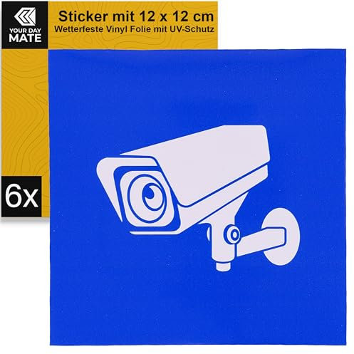 Aufkleber Set für Videoüberwachung, 6 Stück, 12 x 12 cm, selbstklebende Folie, Sticker zum Kleben für Innen- und Außenbereich, Video Kamera Überwachung Hinweis, Warnhinweis Überwachung Videokamera