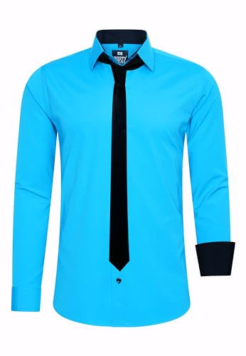Rusty Neal Herren-Hemd Premium Slim Fit Langarm Stretch Kontrast Hemd mit Krawatte Business-Hemden Outfit Freizeithemd Set 44_99, Größe:XL, Farbe:Türkis