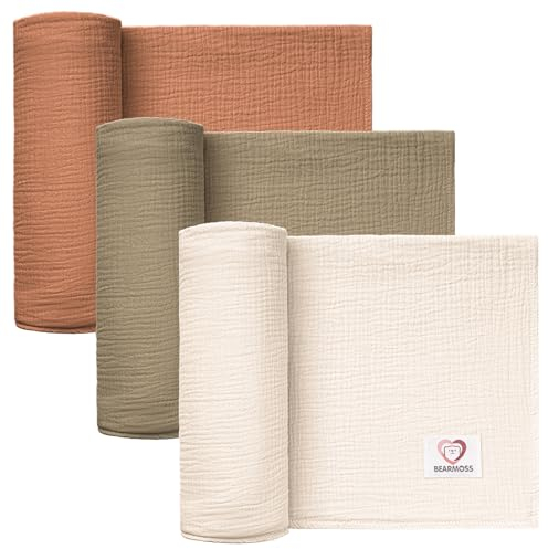 Bearmoss Baby Pucktuch Musselin Decke 100% Baumwolle Dünne Atmungsaktive Babydecke Baby Swaddle Decke Tücher für Junge und Mädchen 3 Stück 96x102cm (Nussige Soße)