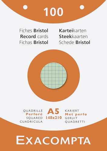 Exacompta 13658E Karteikarten, kariert, 5 x 5, gelocht, 148 x 210 mm, für Tintenstrahldrucker, Laser- und Kopierer, verschiedene Farben, 10 Packungen à 100 Stück