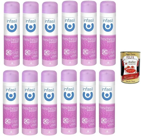 Infasil Lufterfrischer-Spray mit Molekül 2C, ohne Alkohol, wirksam bis zu 24 Stunden, Blumenduft, Deo 12x 150 ml + Italian Gourmet polpa 400g