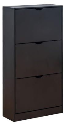 Rebecca Mobili Schuhschrank Platzsparend, Schuhschrank, MDF, Schwarz, 3 Türen, für 12 Paare, für Badezimmer Eingangsbereich Flur - Maße HxBxT: 119 x 60 x 23 cm - Art. RE7012