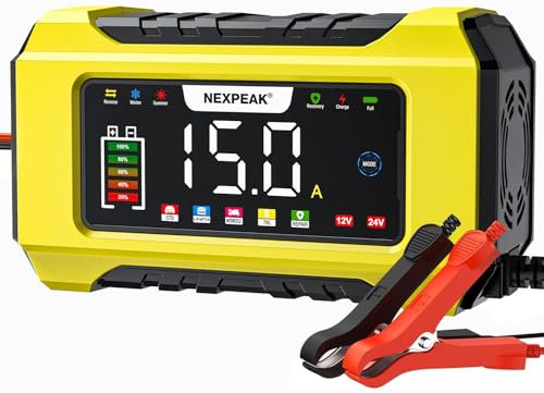 15A Caricabatterie per Auto, NEXPEAK 12V 15A/24V 8A Caricabatterie Intelligente con Compensazione Della Temperatura per Auto, AGM, Gel, Wet, SLA per Batterie Piombo-acido e LiFePO4