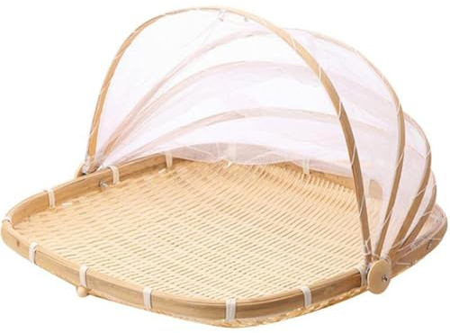 XJKLBYQ Fruit Basket with Cover 13x13 In Square Woven Bamboo Bread Basket with Lid Dust-proof Mesh Wicker Food Serving Tent Basket for Picnic, Vegetable, Fruits, Meals, Bamboo Basket
