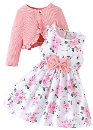 Yanmucy Vestito e Cardigan per Bambine 2 Pezzi Abitini per Abiti Floreali Toddler Bambini Manica Lunga Cappotto Volant Ragazze Vestito per 2-8 Anni (IT, età, 6 Anni, 7 Anni, Regular, Rosa)