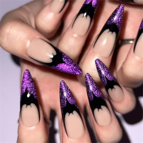 Almond Long Press on Fake Nails Dark Black Halloween Nail Art Decoration Glitter Purple French Manicure for Women and Girls 24pcs