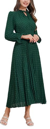 IDOPIP Women Fall Midi Dress Swiss Dot Long Sleeve Elegant Casual Flowy A-Line Dresses High Waisted Green L