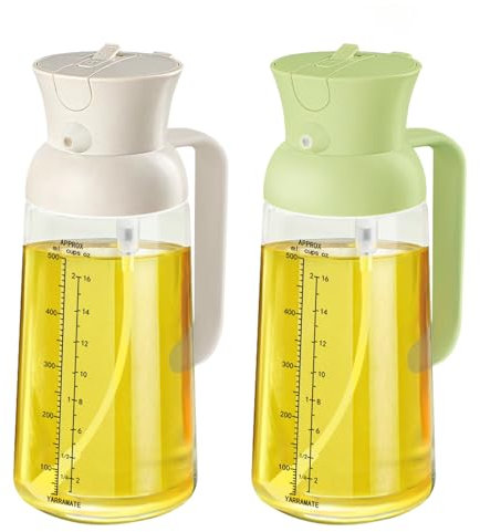 YARRAMATE 18oz/550ml Olive Oil Sprayer Mister with Measuring Scale, 2-in-1 Glass Bottle Dispenser for Cooking, Pour and Spray, Kitchen Use for Air Fryer, BBQ (Green & White)