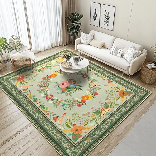 GthreeD Teppich Wohnzimmer Waschbarer 140x200 cm - Boho Kurzflor Teppich Schlafzimmer - Orientalischer Vintage Teppiche Weich rutschfest Design für Schlafzimmer, Esszimmer, Küchen,Blumen-Grün