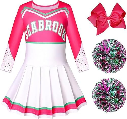 Girls Addison Zombies Cheerleader Costume with Poms for Kids 5-12 Years | Zombies Seabrook Cheerleader Costume for Girls Cheerleading Outfit Cosplay Fancy Dress for Halloween Birthday Party