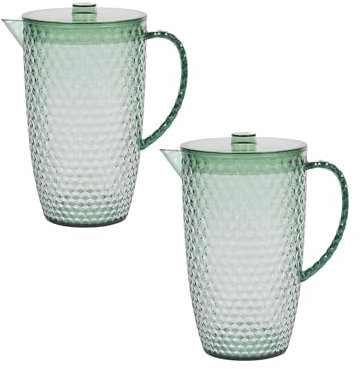 Cambridge Fete Set of 2 Plastic Jugs – 2 Litre Cocktail/Sangria Pitchers with Lid & Spout, for Picnics, BBQ, Party, Outdoor/Indoor, Hot Tubs/Pools, Green Diamond Effect BPA-Free Plastic, Juice, 2 Pack