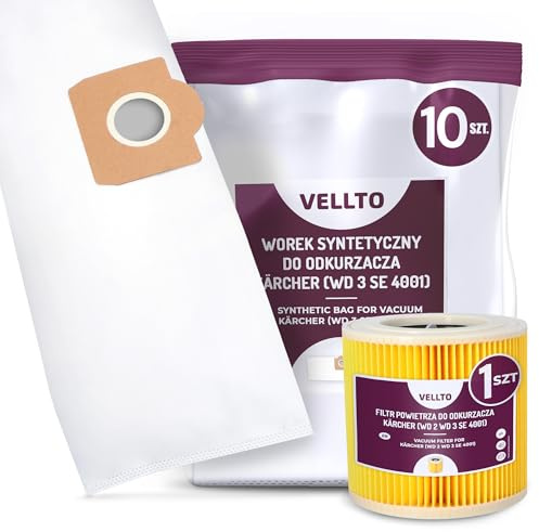 10x Vellto Staubsaugerbeutel Kompatibel mit Kärcher 6.959-130 WD3 MV3 SE 4001 SE4002 V-17 V12 A 2150 2201 2201 F A 2204 Ersatzbeutel Staubbeutel Beutel mit Filter Ersatzfilter Patronenfilter
