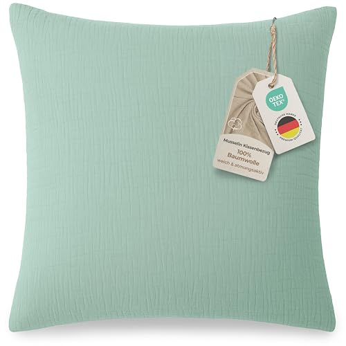 LAYNENBURG Musselin Kissenbezug 80x80 cm - Oeko-Tex – 100% Baumwolle – atmungsaktiv & bügelfrei – 3 lagiges Musselin mit Reißverschluss & Haltebändern (mintgrün)