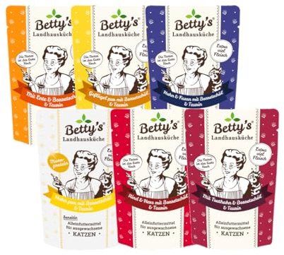 arelf Bundle Betty’s Landhausküche Adult Mixpaket 6 x 100g Frischebeutel | Katzen Nassfutter | Mind. 6 Sorten garantiert (11 möglich) | mit Taurin & Borretschöl