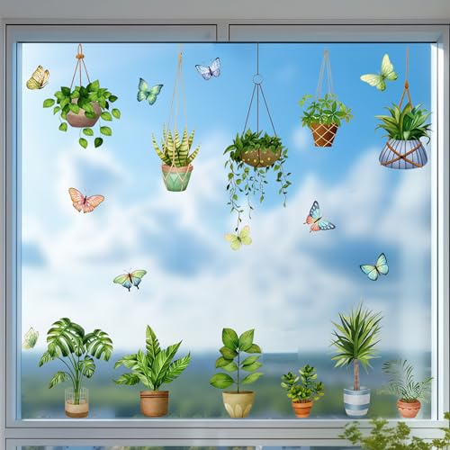 YEJAHY 3 Stück Fensterbilder Frühling Topfpflanze Grüne, Fenstersticker Hängende Pflanzen, Vögel Anti-Kollision Doppelseitig Glasaufkleber, für Kinderzimmer Küche Fensterdeko