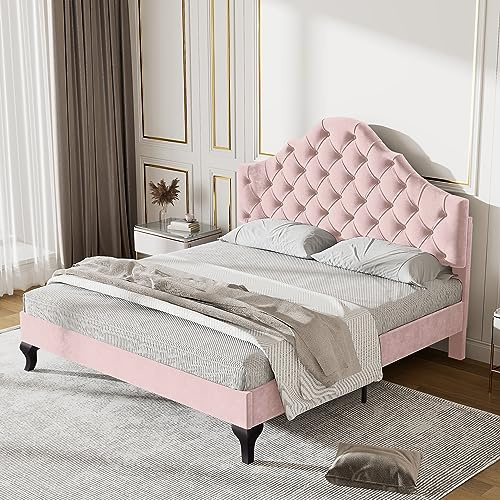 Xwiny Polsterbett 140x200cm, Doppelbett mit Verstellbares Kopfteil, Lattenrost aus Holz, Designorientiertes Bettfuß, Samt, Rosa (Ohne Matratze)