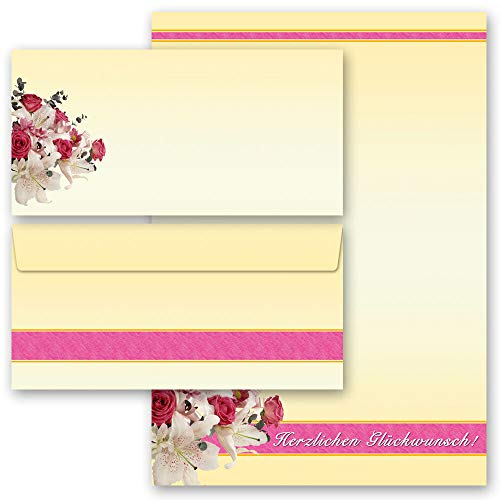 Briefpapier Sets Motivpapier Blumen & Blüten, Besondere Anlässe Geburtstag, HERZLICHEN GLÜCKWUNSCH 100 Blatt Briefpapier + 100 passende Briefumschläge DIN LANG ohne Fenster | Paper-Media
