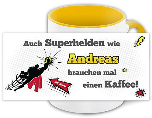 Namens-Tasse Andreas mit Superhelden-Motiv für Kaffeetrinker, gelb/Weiss