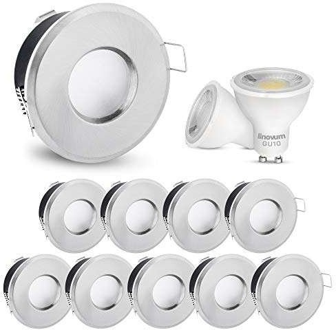 linovum 10x LED Bad Einbaustrahler Set IP65 Edelstahl Optik rund 230V - warmweiß 2W - für Badezimmer, Küche & Außen