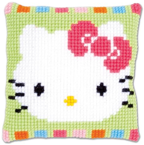 VERVACO Kreuzstich Stickpackungen Kissen Stickerei Set Anfänger Vorgedruckt Hello Kitty Pastelltönen DIY Set Kreativ Set Für Erwachseneca. 25 x 25 cm Bastelset Handwerker Haus Dekoration