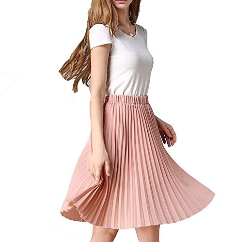 Teerfu, gonna da donna al ginocchio, plissettata, modello midi, fascia elastica in vita, svasata, tinta unita rosa Taglia Unica (26 -39 Cintola)
