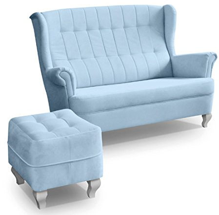 Ohrensofa mit Hocker 2er 2-Sitzer Couch Stoffsofa Ohrensessel 3er Sofa Blau Stanford (Blau)