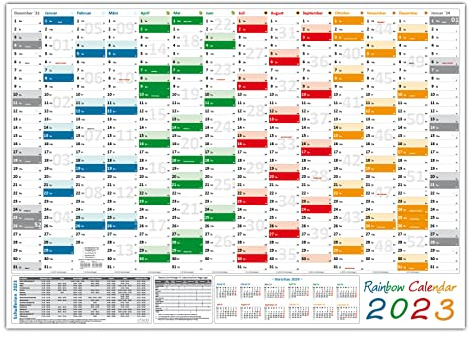 Rainbow Wandkalender/Wandplaner 2025 (gefaltet) DIN A2 Format (420 x 594 mm) 14 Monate, komplette Jahresvorschau Folgejahr und Ferientermine/Feiertage aller Bundesländer