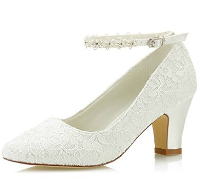 JIAJIA 62311A De Las Mujeres Zapatos de Novia Dedo del pie Cerrado 7cm Talón Grueso Cordón Bombas de satén Zapatos de Boda de Flores Color Marfil,Tamaño 41