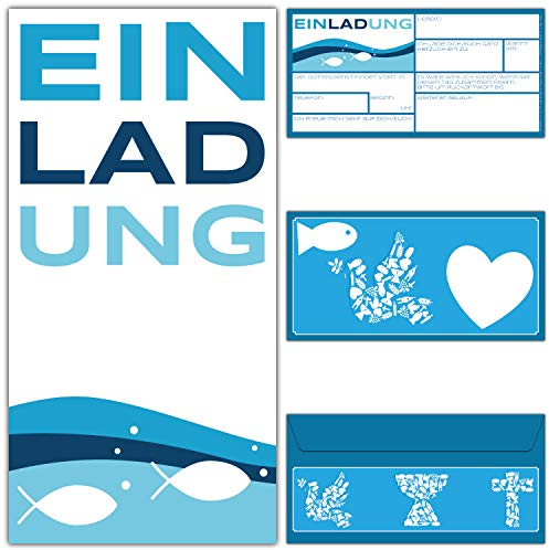 15 Einladungskarten FISCHE mit Umschlag zur Kommunion Konfirmation Taufe zum Ausfüllen - Premium Einladungen für Jungen & Mädchen von BREITENWERK