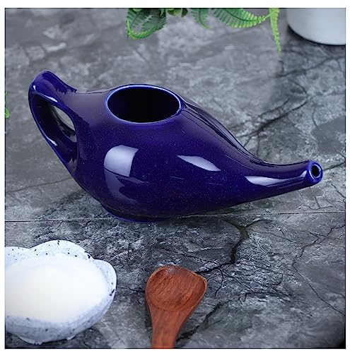 Qimacplus Leak Proof Durable Porcelain Ceramic Neti Pot Hold 230 Ml Water Comfortable Grip with 10 Sachet Neti Salt | Eco Friendly Natural Treatment for Sinus & Congestion (Blue)