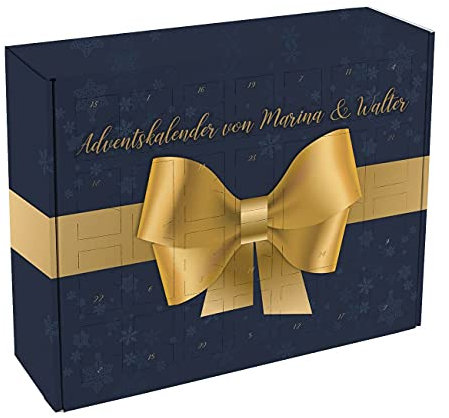 Herz & Heim® Adventskalender zum Befüllen mit großer Schleife als Motiv personalisiert mit Ihrem Wunschtext Blau