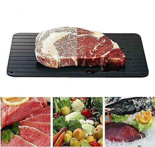 MantraRaj Defrosting Tray, Aluminium Meat Thaw Plate with Grooves & Spill-Proof Silicone Angles, Defrosting Board Kitchen Accessories for fast Thawing Frozen Foods - Non-Stick 21 x 30 x 2.1cm