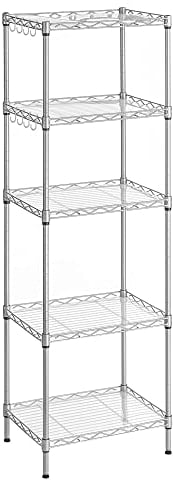 SONGMICS Estantería de Cocina, Estantería de 5 Niveles, Estante Estrecho, 8 Ganchos, Gabinete de Baño de Pie, Paneles de Plástico PP, Altura Ajustable, Metal, Plata LGR115E01