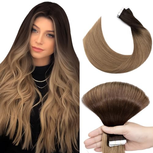 Elailite Tape in Extensions Echthaar 20 stück 40cm 50g Haarverlängerung Haarteil Echthaar #4T27 Mittel braun Ombre Dunkelblond