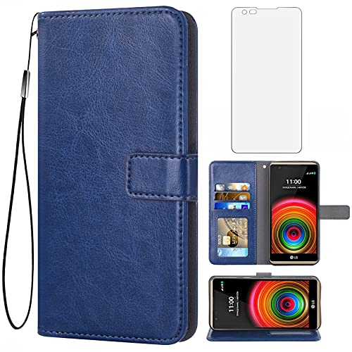 Asuwish Kompatibel mit LG X Power Wallet Case gehärtetes Glas Displayschutzfolie und Leder Flip Cover Kartenhalter Magnetischer Ständer Handyhüllen für XPower 1 LS755 K450 Damen Herren Blau