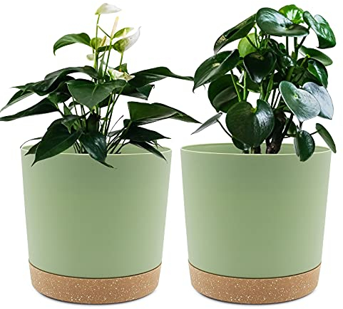 QCQHDU Lot de 2 Pots de Plantes 16.5cm, Pots pour Plantes d'intérieur avec Trous de Drainage et Base Amovible, Soucoupe décorative Moderne pour jardinières d'extérieur (Vert 16.5cm)