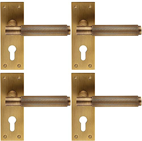 4 PACK | Knurled Round Lever on Slim Euro Lock Backplate - 150 x 50mm- Antique Brass | Designer Lever on Backplate Door Handle - Internal Door Hardware - Lock, Euro, Oval and Latch Options Available