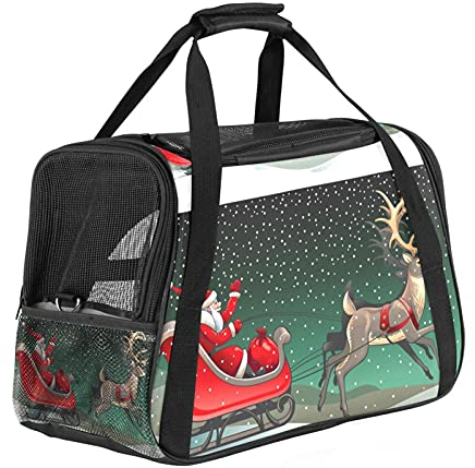 Haustier-Transporttasche mit Weihnachtsmann-Schlitten und Rentieren, weiche Seiten, für Katzen, Hunde, Welpen, bequem, tragbar, faltbar, für Fluggesellschaften zugelassen
