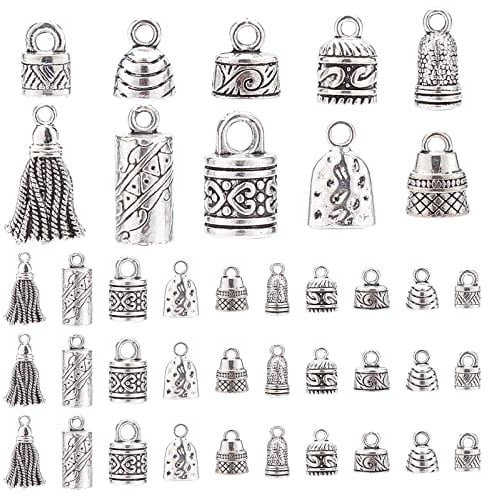 PH PandaHall Cord Ends Caps, 117pcs 10 Styles Tibetan Caps Glue in Barrel End Caps Tube Crimp Beads End Caps Thread Ends for Kumihimo Jewellery Making Bracelet Necklace 4-8mm